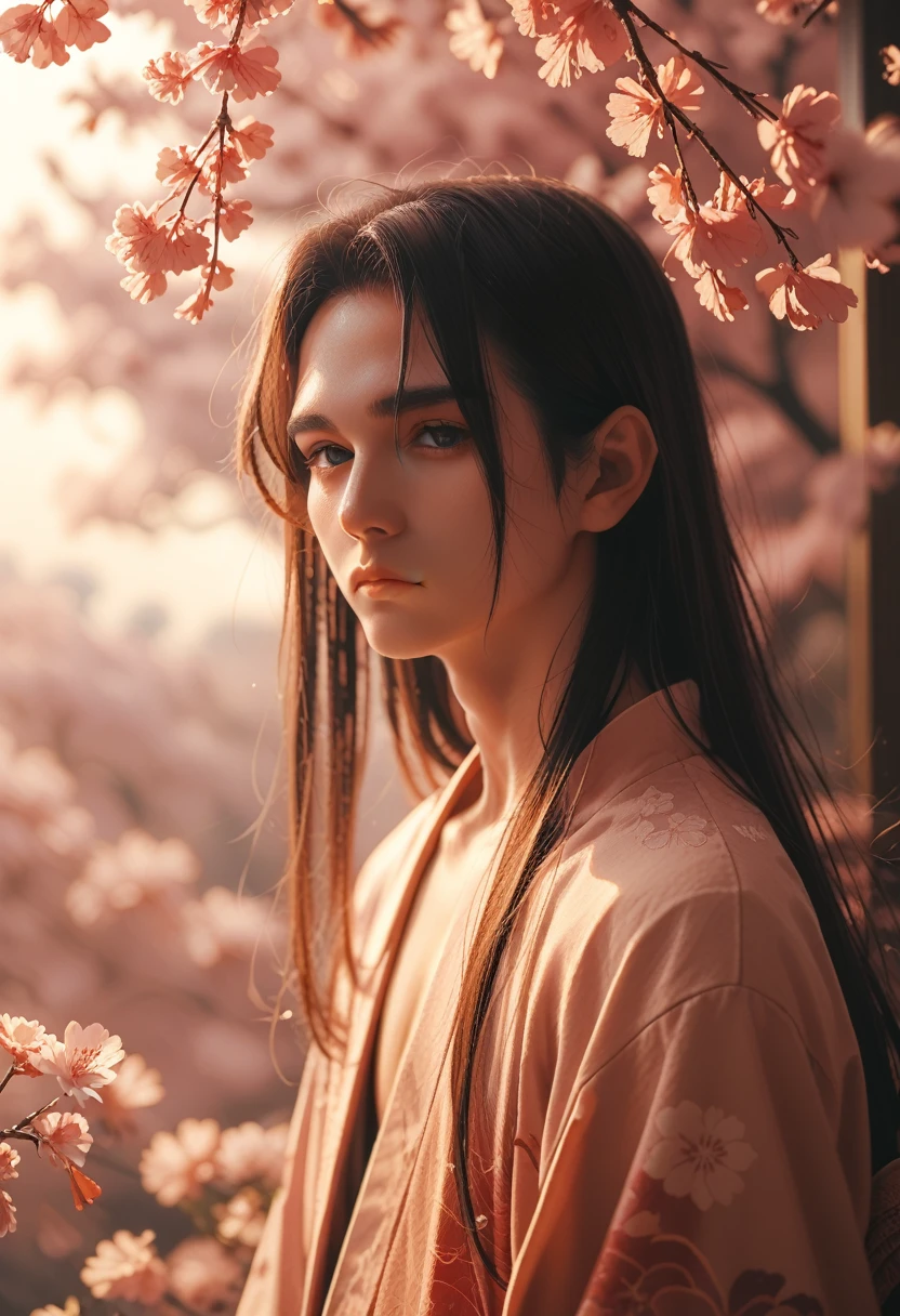 1 boy, upper body, {{expressionless}}, japanese clothing, long hair, One, cherry blossoms, looks at the viewer,