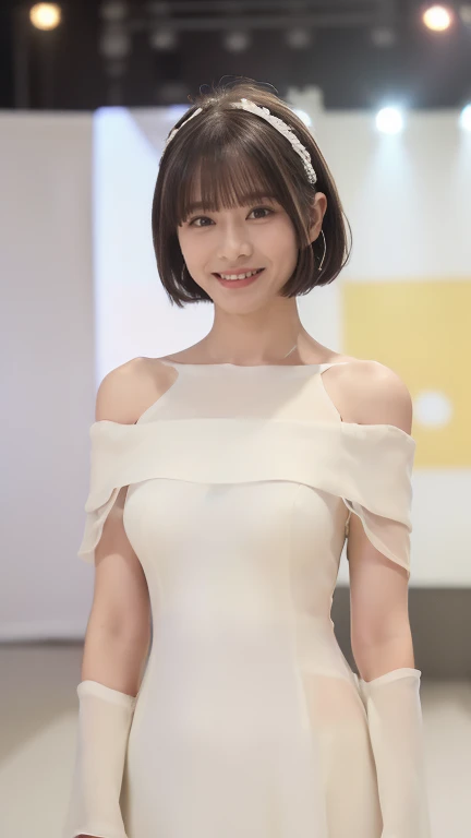 (8k、RAW Photos、Highest quality、masterpiece:1.2)、(Realistic、Realistic)、1 girl、((White off-the-shoulder dress、A sheer dress reveals her bodyline、on stage、Attention、Short Bob、View from the front、smile、Looking into the camera 、smile、Upper body photo:1.5))、cute、Large Breasts、Sing with a microphone、dance、