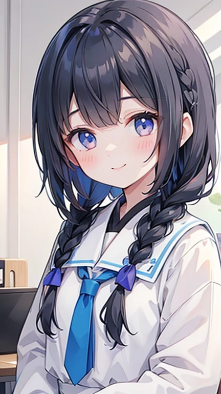 Girl with braided black hair、uniform、Upper body close-up、smile