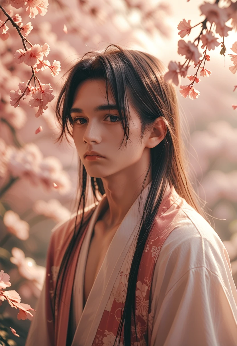 1 boy, upper body, {{expressionless}}, japanese clothing, long hair, One, cherry blossoms, looks at the viewer,