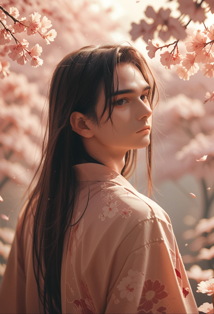 1 boy, upper body, {{expressionless}}, japanese clothing, long hair, One, cherry blossoms, looks at the viewer,