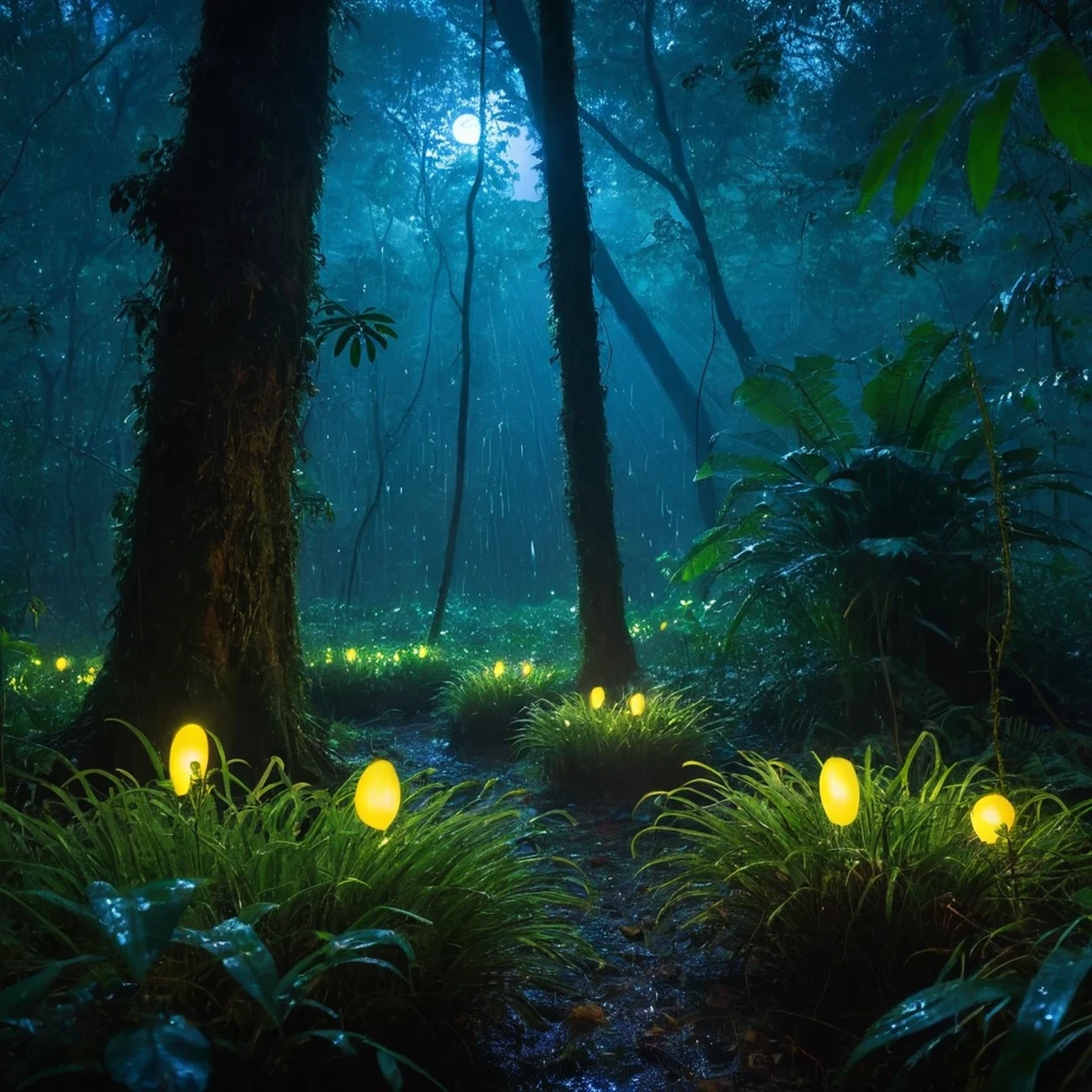 ((Best Quality, 8K, Masterpiece: 1.3),realistic,(best quality,realistic:1.37)thick dense forest,glowing fireflies,rainy night,moist air,foggy atmosphere,dripping leaves,dewy grass,majestic trees,mysterious shadows,serene ambiance,gentle raindrops,peaceful solitude,whispering breeze,nature's symphony,Latin American rainforest,enchanted evening,hint of moonlight,sparkling bioluminescence,lush vegetatio,