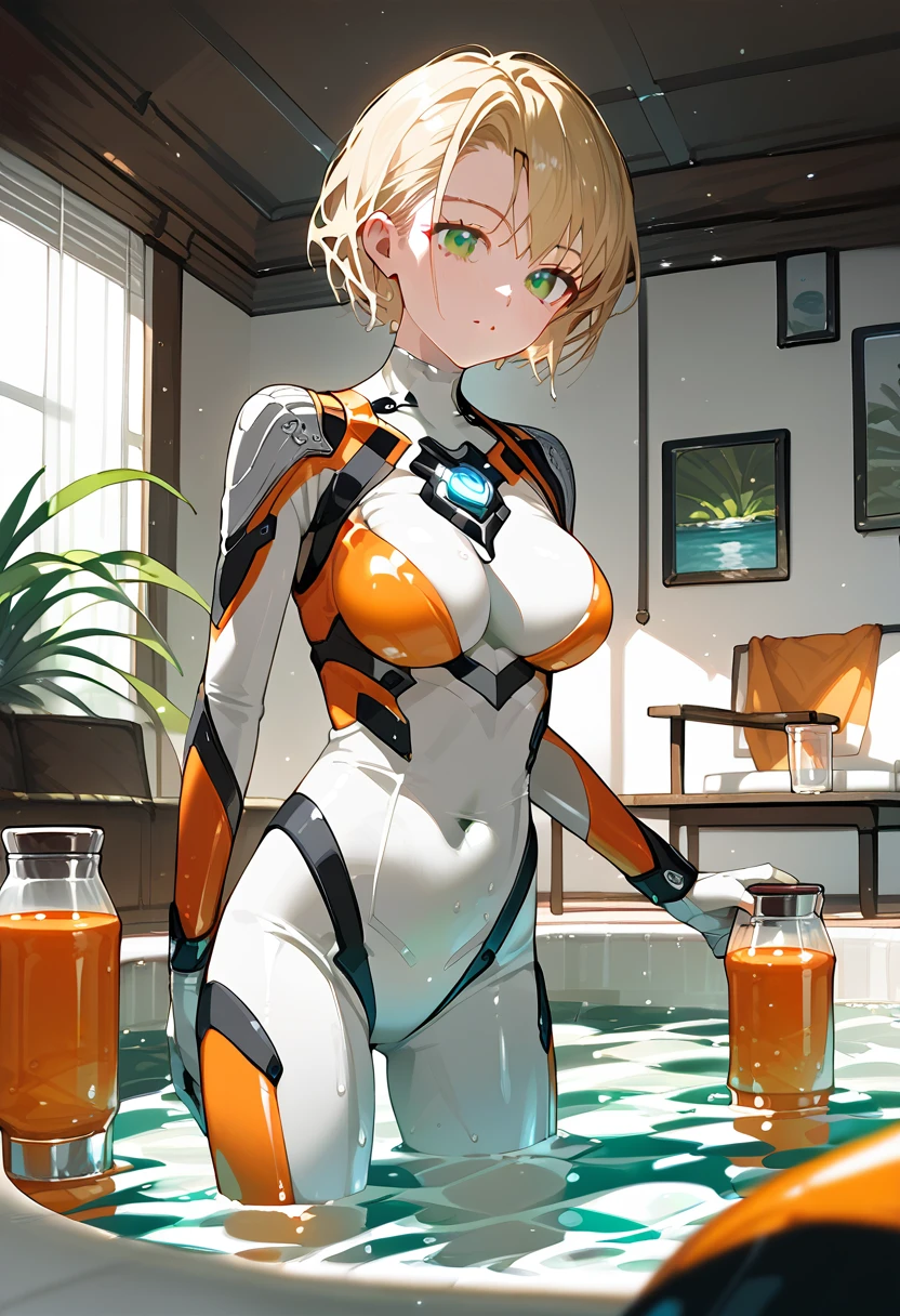 (Highest quality),woman,living room,original,Blonde ,Green Eyes,(((White bodysuit))),Orange bodysuit,Ultra Girl,In the water,deep sea,Very detailed,Sharp focus,beautiful, score_9, score_8_superior, score_7_superior,sauce_anime,