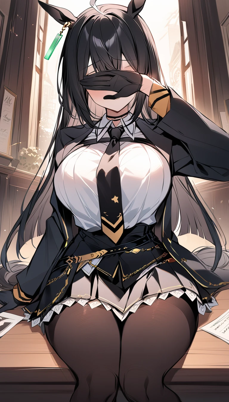 masterpiece, Highest quality, Cover your eyes with one hand，covering eyes,Open your mouth，Blushing，One Girl, alone, Manhattan Cafe, Expressionless, View Audience, Ahoge, Black jacket, shirt, tie, Black gloves, skirt, pantyhose, Single earring, Horse tail,Black knee-high boots，Hair between the eyes, Thick thighs，Big Breasts，