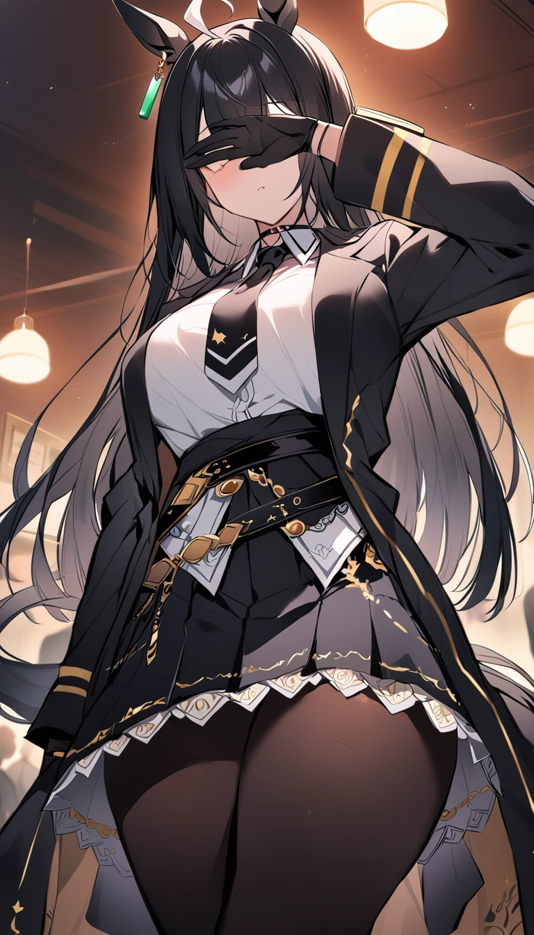 masterpiece, Highest quality, Cover your eyes with one hand，covering eyes,Open your mouth，Blushing，One Girl, alone, Manhattan Cafe, Expressionless, View Audience, Ahoge, Black jacket, shirt, tie, Black gloves, skirt, pantyhose, Single earring, Horse tail,Black knee-high boots，Hair between the eyes, Thick thighs，Big Breasts，