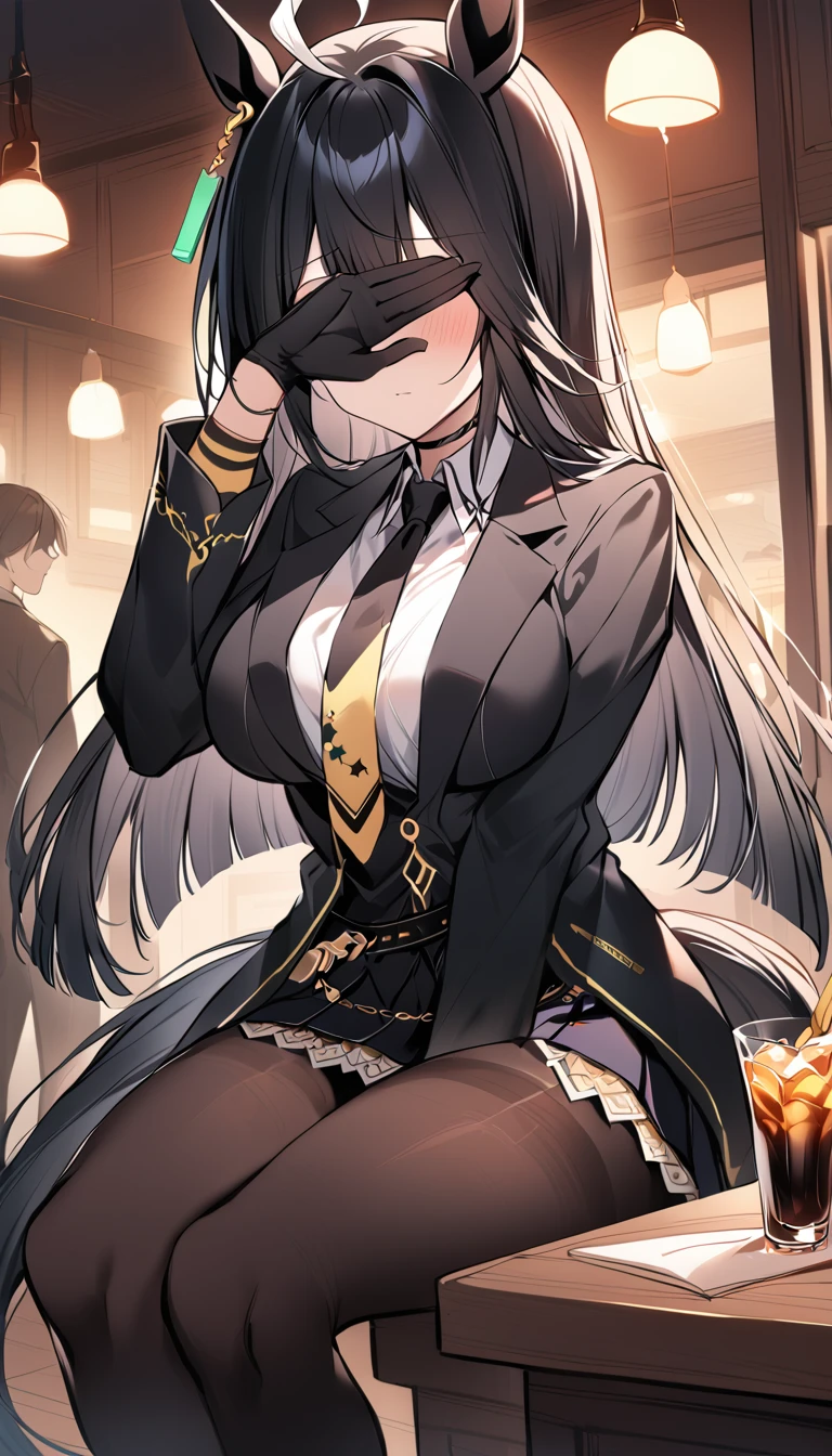 masterpiece, Highest quality, Cover your eyes with one hand，covering eyes,Open your mouth，Blushing，One Girl, alone, Manhattan Cafe, Expressionless, View Audience, Ahoge, Black jacket, shirt, tie, Black gloves, skirt, pantyhose, Single earring, Horse tail,Black knee-high boots，Hair between the eyes, Thick thighs，Big Breasts，