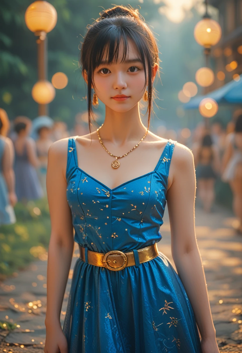 Arafeka in a blue dress with a golden belt and necklace, 3D rendering of characters 8k, trending on cgstation, Chengwei Pan on ArtStation, inspired by Lan Ying, 8K Artgerm Bokeh, High quality detailed 8K graphics, deviantart artstation cgscosiety, cgsociety 8k, cgsociety 8k