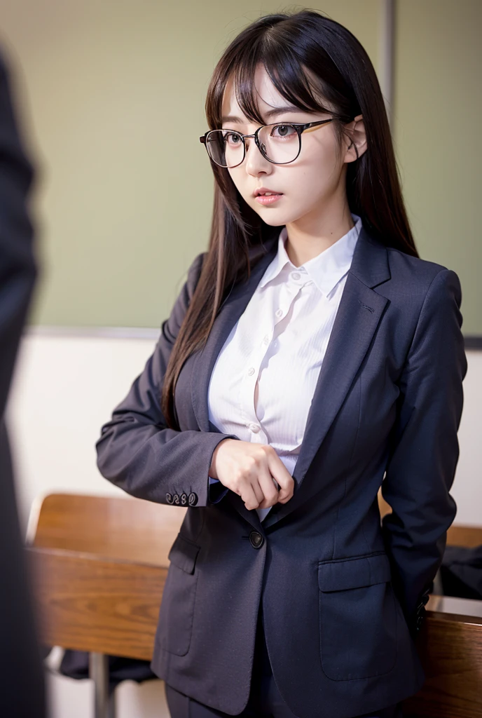 (8k, best quality, masterpiece:1,2), (realistic, photo-realistic:1,37), top quality, masterpiece, a beautiful woman, sexy teacher, sexy female teacher, tight and sexy work clothes, short skirt, round chest, wearing glasses, naughty look, background in a teaching classroom with stacked chairs and study tables