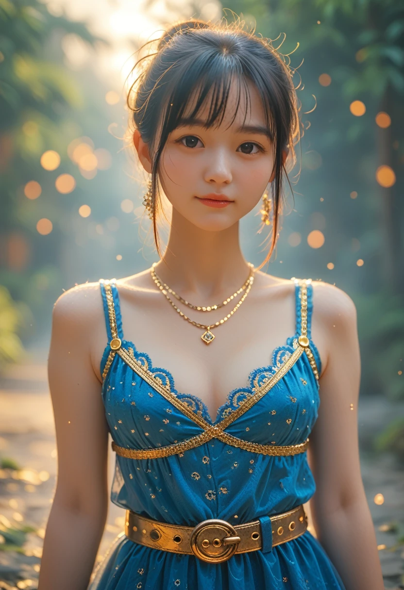 Arafeka in a blue dress with a golden belt and necklace, 3D rendering of characters 8k, trending on cgstation, Chengwei Pan on ArtStation, inspired by Lan Ying, 8K Artgerm Bokeh, High quality detailed 8K graphics, deviantart artstation cgscosiety, cgsociety 8k, cgsociety 8k