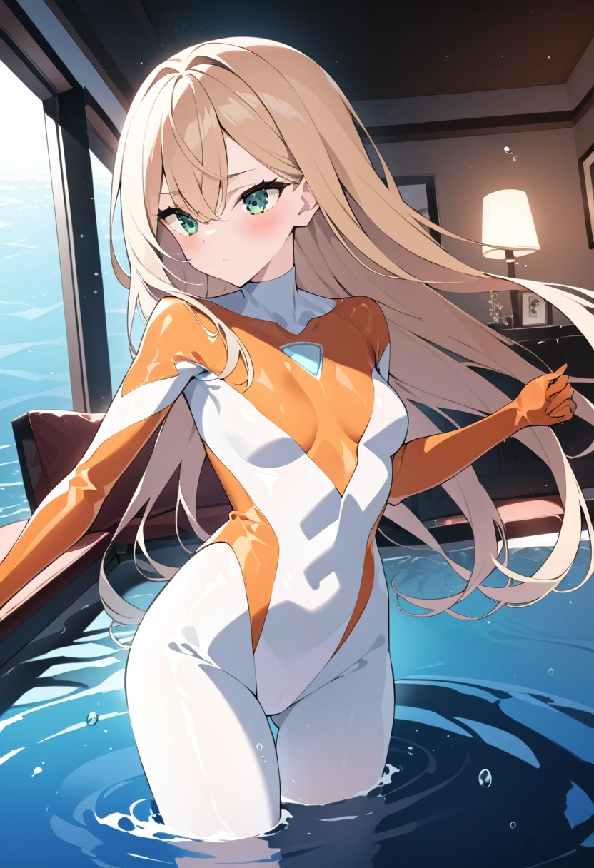 (Highest quality),woman,living room,original,Blonde ,Green Eyes,(((White bodysuit))),Orange bodysuit,Ultra Girl,In the water,deep sea,Very detailed,Sharp focus,beautiful, score_9, score_8_superior, score_7_superior,sauce_anime,