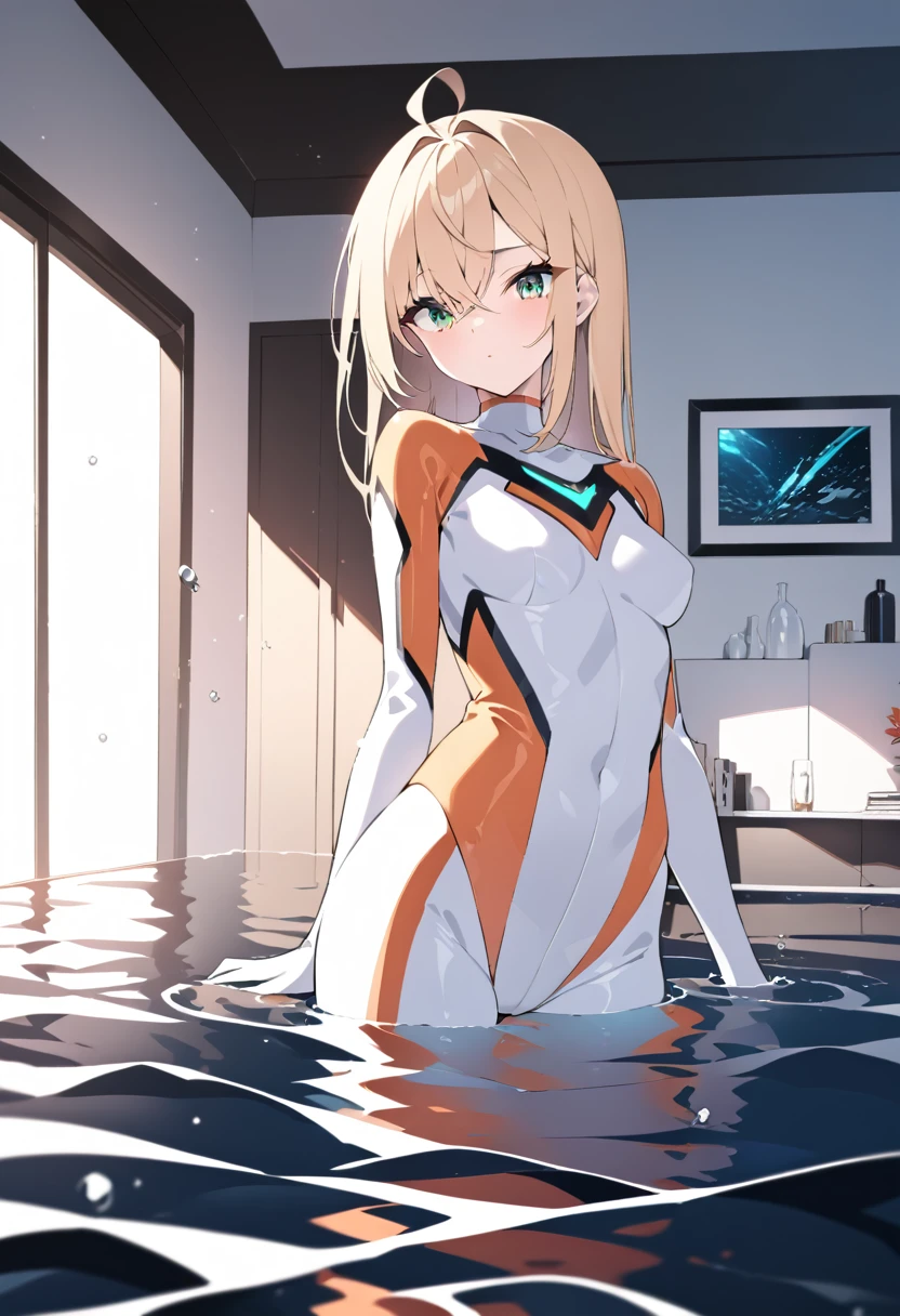 (Highest quality),woman,living room,original,Blonde ,Green Eyes,(((White bodysuit))),Orange bodysuit,Ultra Girl,In the water,deep sea,Very detailed,Sharp focus,beautiful, score_9, score_8_superior, score_7_superior,sauce_anime,