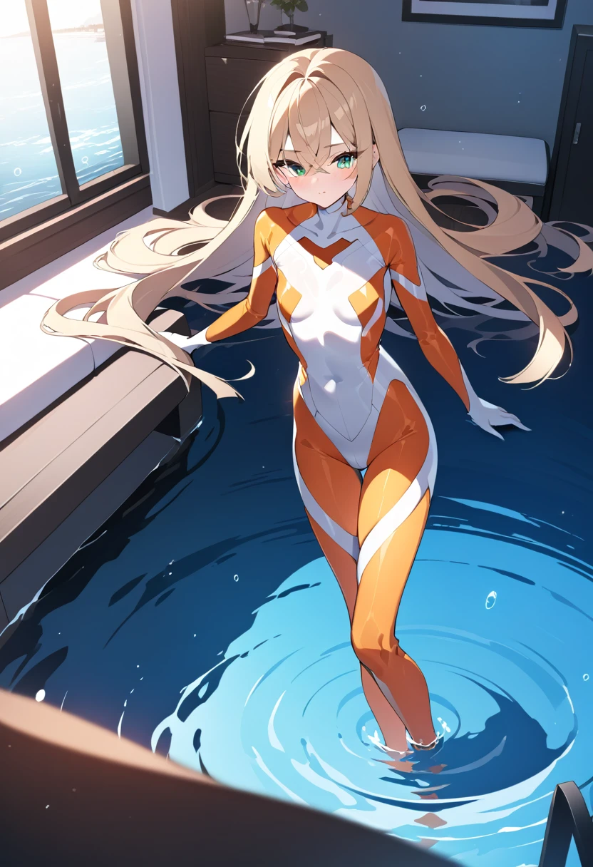 (Highest quality),woman,living room,original,Blonde ,Green Eyes,(((White bodysuit))),Orange bodysuit,Ultra Girl,In the water,deep sea,Very detailed,Sharp focus,beautiful, score_9, score_8_superior, score_7_superior,sauce_anime,