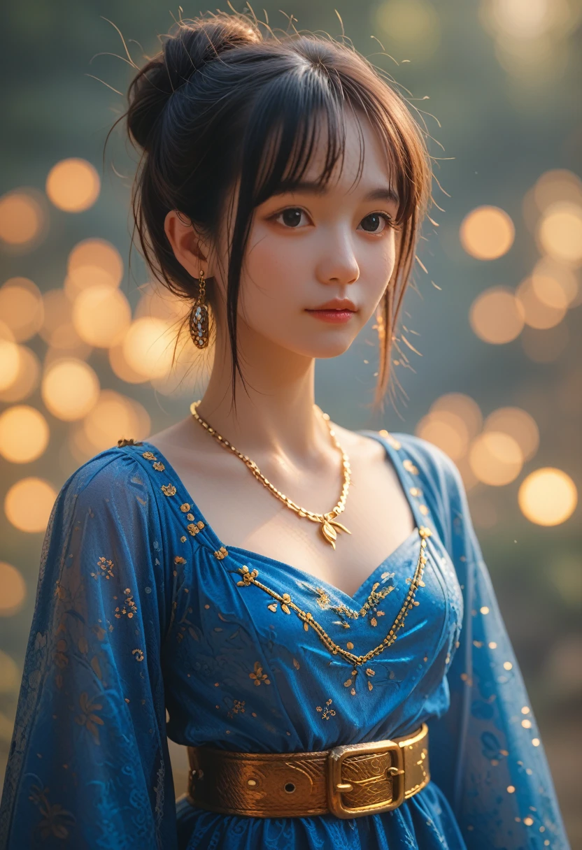 Arafeka in a blue dress with a golden belt and necklace, 3D rendering of characters 8k, trending on cgstation, Chengwei Pan on ArtStation, inspired by Lan Ying, 8K Artgerm Bokeh, High quality detailed 8K graphics, deviantart artstation cgscosiety, cgsociety 8k, cgsociety 8k