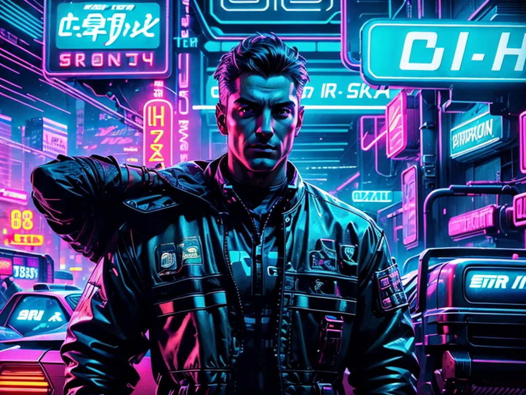 realistic male character with neon retro cyberpunk car, futuristic neon city, detailed face, high quality, cinematic lighting, intricate details, vibrant colors, photorealistic, concept art, 8k