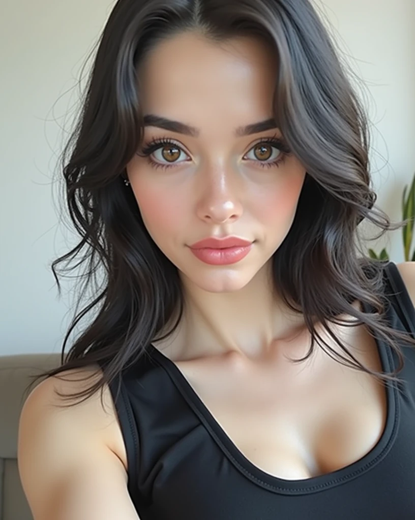 Portrait photograph of an adult female, 3, full-face. looking directly into the camera. 1 girl. European with long hair, beautiful black hair and big brown eyes, very beautiful face, perfect girl, instagram model, nice neat lips, makeup, beautiful eyebrows, 2, Thick light red lips, black hair, mismatched pupils, pupils sparkling, amber eyes, doyagao, Close-up, anatomically correct, textured skin, high details