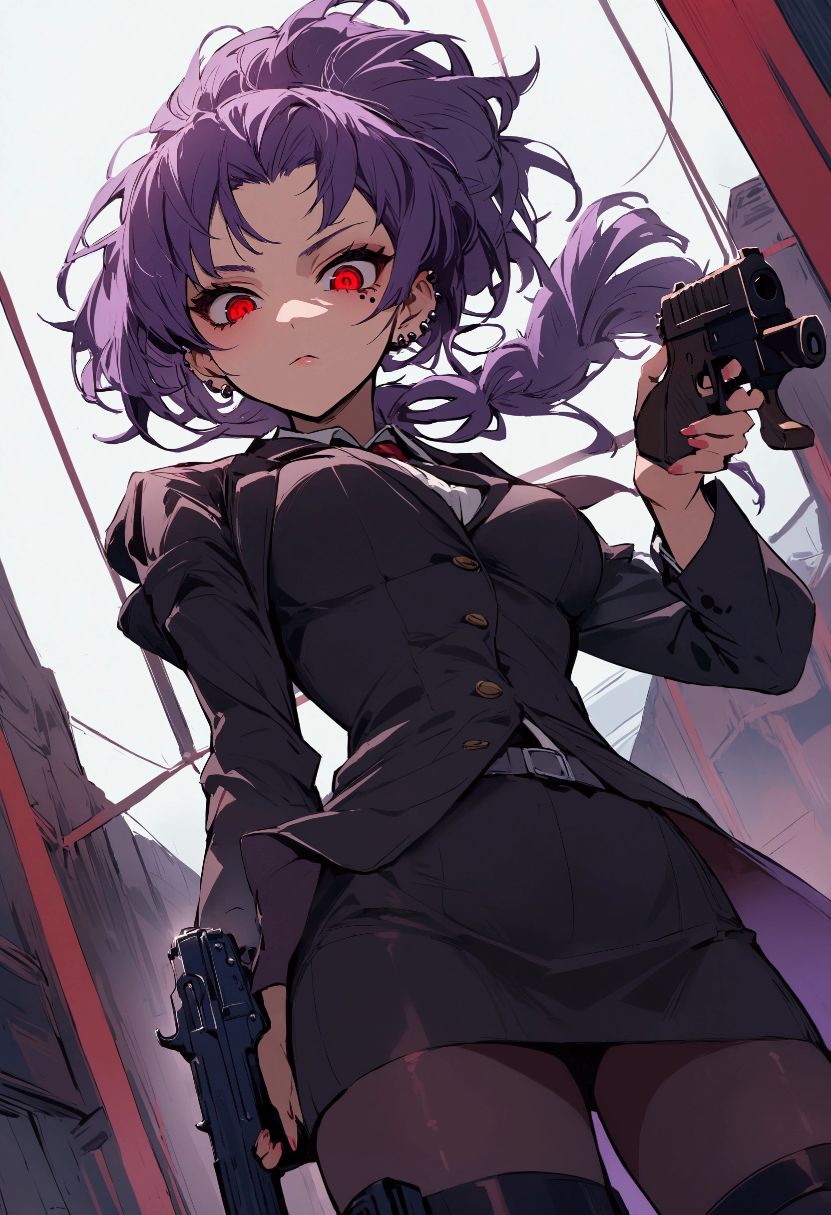 Woman in a suit, Looking down at the viewer with piercing eyes, Short tight skirt、beautiful, Red Eye, Purple Hair, Cutting wolf hair, Low angle view、Full body portrait、Motoko Kusanagi、He has a gun