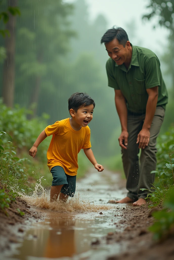 A six-year-old boy walks barefoot on mud，Shota，sludgy，footprints，fat guy，Stepping on，The soles of the feet face forward，Close-up of feet，frontage