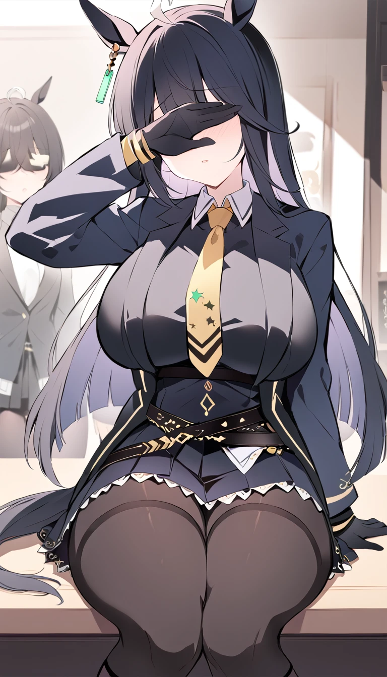 masterpiece, Highest quality, Cover your eyes with one hand，covering eyes,Open your mouth，Blushing，One Girl, alone, Manhattan Cafe, Expressionless, View Audience, Ahoge, Black jacket, shirt, tie, Black gloves, skirt, pantyhose, Single earring, Horse tail,Black knee-high boots，Hair between the eyes, Thick thighs，Big Breasts，