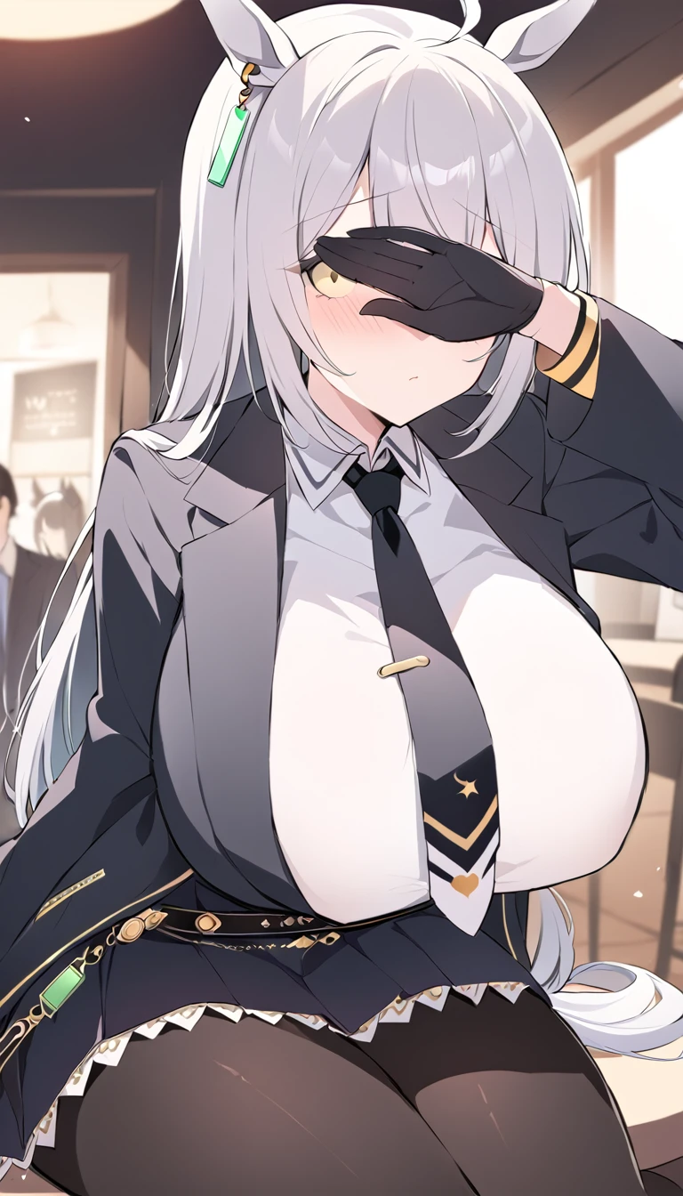 masterpiece, Highest quality, Cover your eyes with one hand，covering eyes,Open your mouth，Blushing，One Girl, alone, Manhattan Cafe, Expressionless, View Audience, Ahoge, Black jacket, shirt, tie, Black gloves, skirt, pantyhose, Single earring, Horse tail,Black knee-high boots，Hair between the eyes, Thick thighs，Big Breasts，