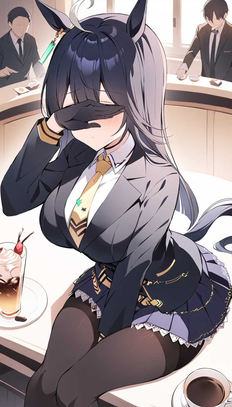 masterpiece, Highest quality, Cover your eyes with one hand，covering eyes,Open your mouth，Blushing，One Girl, alone, Manhattan Cafe, Expressionless, View Audience, Ahoge, Black jacket, shirt, tie, Black gloves, skirt, pantyhose, Single earring, Horse tail,Black knee-high boots，Hair between the eyes, Thick thighs，Big Breasts，