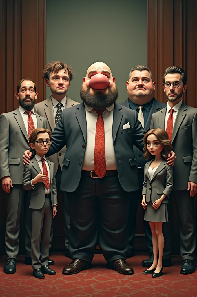 Big fat bald man with a charismatic personality and a funny expressions on face and a boss suit