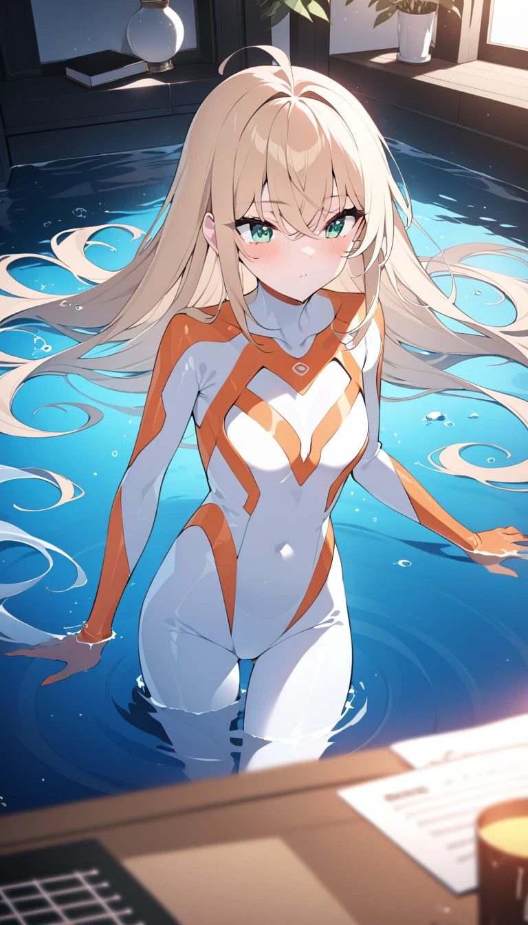 (Highest quality),woman,living room,original,Blonde ,Green Eyes,(((White bodysuit))),Orange bodysuit,Ultra Girl,In the water,deep sea,Very detailed,Sharp focus,beautiful, score_9, score_8_superior, score_7_superior,sauce_anime,