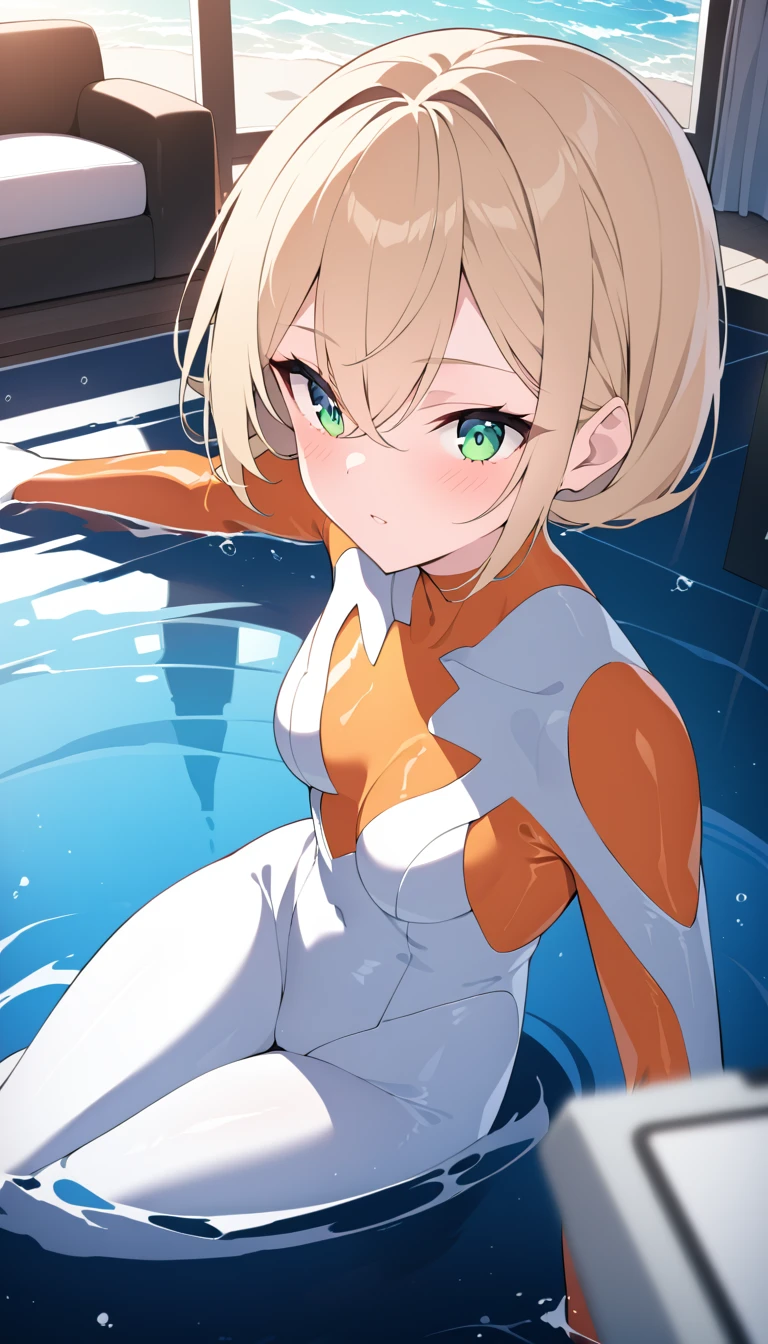 (Highest quality),woman,living room,original,Blonde ,Green Eyes,(((White bodysuit))),Orange bodysuit,Ultra Girl,In the water,deep sea,Very detailed,Sharp focus,beautiful, score_9, score_8_superior, score_7_superior,sauce_anime,