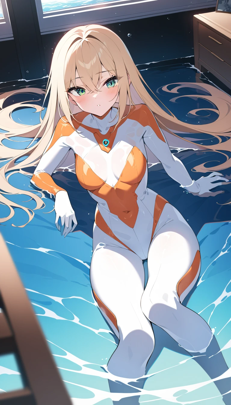 (Highest quality),woman,living room,original,Blonde ,Green Eyes,(((White bodysuit))),Orange bodysuit,Ultra Girl,In the water,deep sea,Very detailed,Sharp focus,beautiful, score_9, score_8_superior, score_7_superior,sauce_anime,