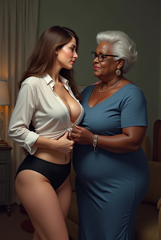 Create a realistic image of a 90 year old elderly lady, obese, dark black skinned, who is wearing a flowery dress and glasses holding the ass of a young 25-year-old woman who is completely naked on the bottom and wearing a white bra on the top, has light white skin, has brown hair tied in a bun and a slender body.