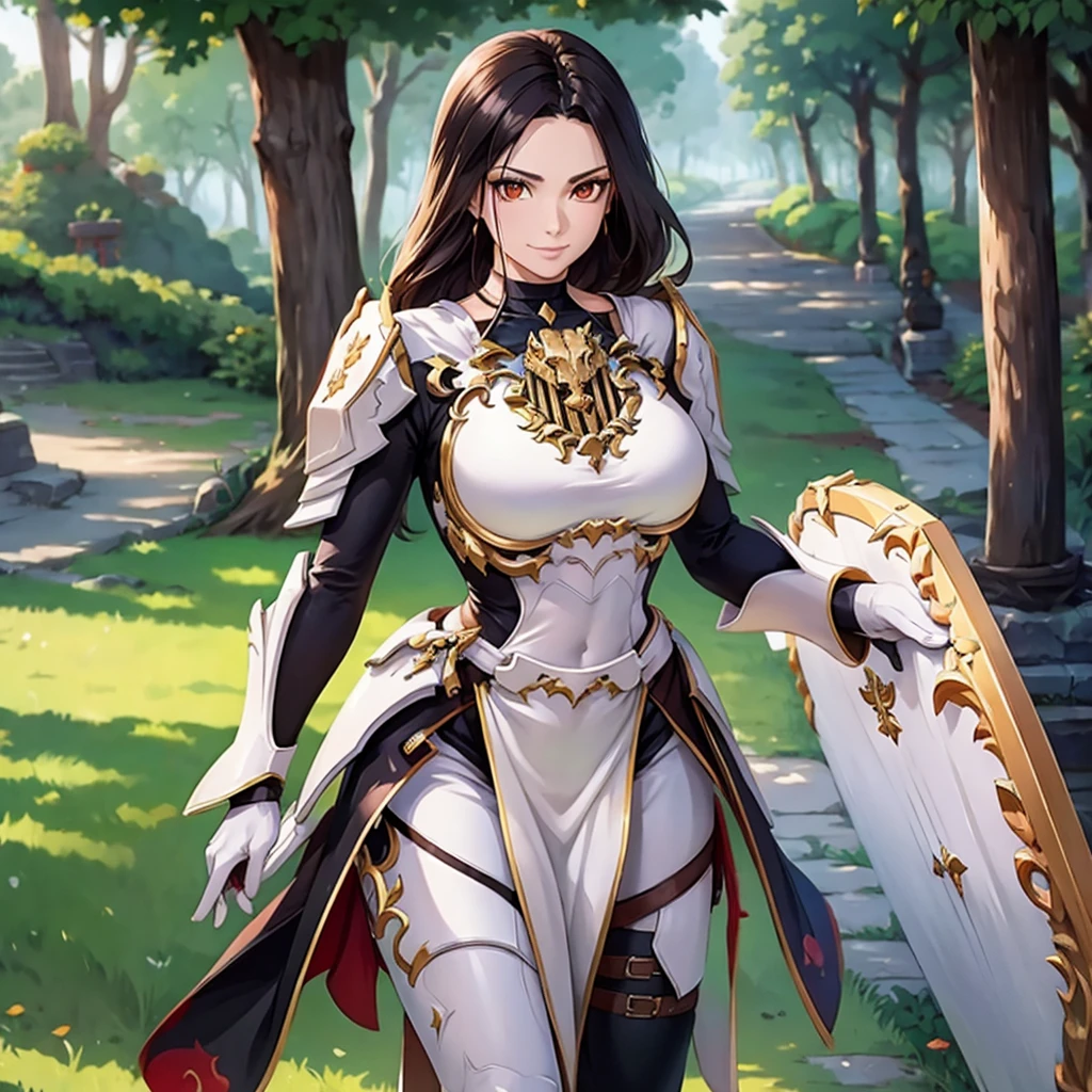 A woman wearing thick gold-rimmed white armor and an ancient Chinese soldier uniform, Wearing dark brown ancient Chinese soldier uniforms, extrusion, Long black hair, Orange Eyes, Smile, Large Breasts, In the fantasy forest, Walk in the ancient field, Holding a shield,HDR, masterpiece, Clear definition, Super Resolution, high quality, 8K HD. (Just a woman, Solitary)
