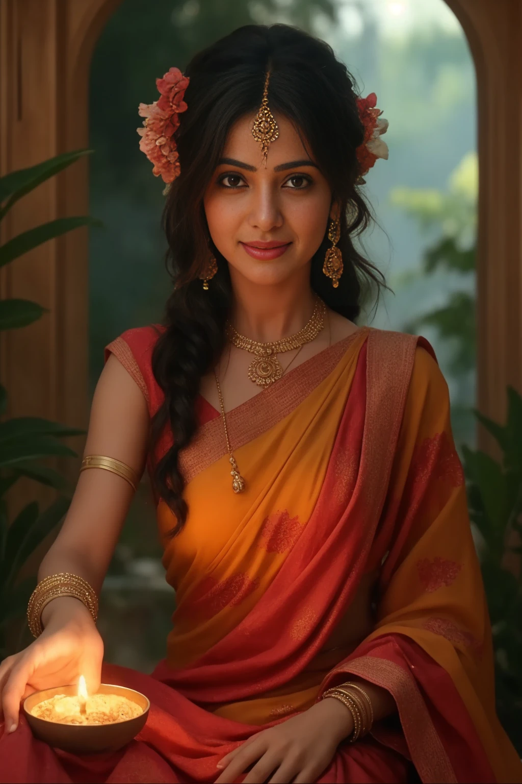 Visualize a charming Bengali girl adorned in the traditional attire of a vibrant saree, gracefully draped over her slender frame. Her attire is embellished with intricate designs and vibrant hues, reflecting the rich cultural heritage of Bengal. With each step, the soft rustle of her saree adds to the elegance of her movement.
In her delicate hands, she carries a beautifully decorated tray adorned with fragrant flowers, symbolizing purity and devotion. Marigolds, roses, and jasmine blooms intertwine in a colorful display, their sweet scent wafting through the air as she makes her way to the puja ceremony.
Her demeanor exudes grace and poise as she walks with purpose, her eyes alight with anticipation for the sacred rituals ahead. Along the way, she exchanges warm greetings with neighbors and friends, their faces aglow with excitement for the auspicious occasion.
In the background, the sounds of traditional Bengali music and chants fill the air, creating a festive atmosphere that permeates the streets. The sun casts a warm glow over the scene, illuminating the vibrant colors of Kolkata's bustling streets and adding to the sense of joy and celebration.
With each step, the Bengali girl embodies the timeless traditions and deep spirituality of her culture, her presence a radiant symbol of reverence and devotion as she prepares to offer her prayers to the divine.