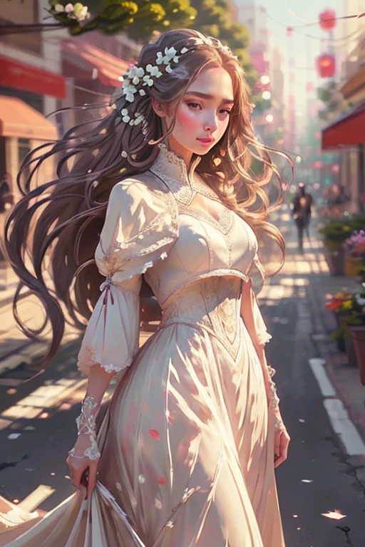 Digital painting, a woman standing on a street, elegant white dress, long flowing hair, detailed face, detailed eyes, detailed lips, detailed nose, painting style, brush strokes 