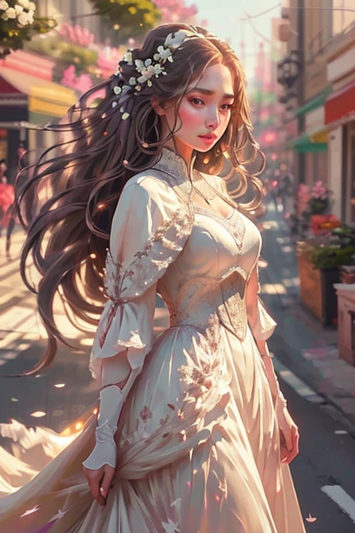 Digital painting, a woman standing on a street, elegant white dress, long flowing hair, detailed face, detailed eyes, detailed lips, detailed nose, painting style, brush strokes 