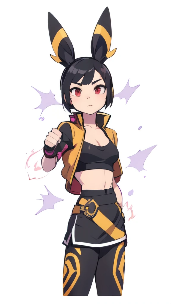 a girl with black hair, umbreon ears, red eyes, wearing black leggins shorts, pink sports bra, medium breasts, open black leather jacket, round ass, small hips, detailed face, beautiful detailed eyes, beautiful detailed lips, extremely detailed eyes and face, long eyelashes, photorealistic, 8k, high quality, hyperdetailed, cinematic lighting, dramatic colors, vibrant, moody, dark fantasy