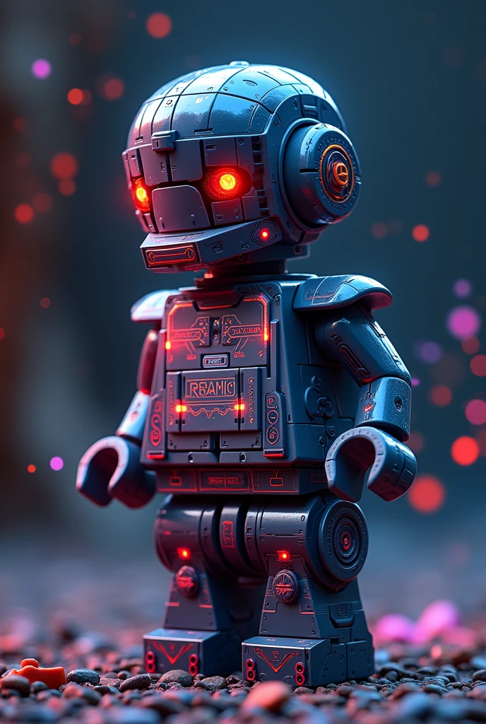 

gray robot holding a metal plate with colored light around it. Written (The Cyborgs)
