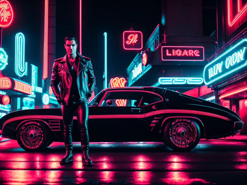 a man with slicked-back black hair, wearing a black leather jacket, tight jeans, and black boots, standing in front of a neon-lit retro-futuristic cityscape, with a sleek, neon-accented vintage car in the background, cinematic lighting, highly detailed, photorealistic