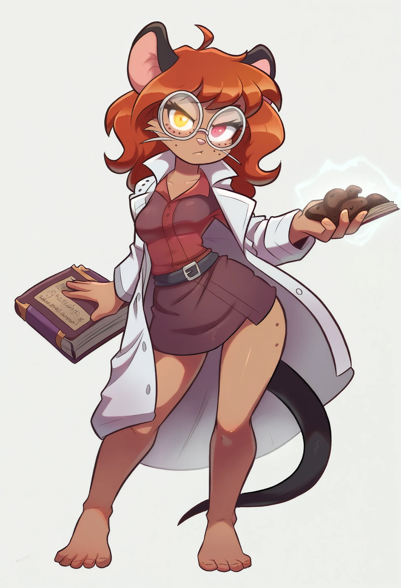 A smart and nerdy, yet cute young woman with dark chocolate brown skin stands confidently while holding a book. She is dressed in a delicate lab coat that drapes over a red undershirt, creating a subtle but vibrant contrast. Her face is framed by soft, slightly wavy hair, and she wears a pair of adorable round glasses, enhancing her intelligent appearance. Her eyes exhibit striking heterochromia, with her left eye being a bright amber and the right eye a deep red. Adding to her unique charm, she has soft, mouse-like ears peeking through her hair, a slender tail playfully swaying behind her, and subtle whiskers on her cheeks. She exudes a vibe of curiosity and intellect, her posture relaxed but engaged, as if she's always ready to dive into her next scientific discovery. detailed face, extremely detailed eyes, masterpiece, 4k, 8k, high-res, ultra-detailed, physically-based rendering, vivid colors, studio lighting cinematic lighting, dramatic lighting, dramatic composition, dynamic pose, volumetric lighting, Nice ass, B-cups, Cute breasts, shapely figure, Serious expression, glowing eyes, barefoot, freckles, Full Body
