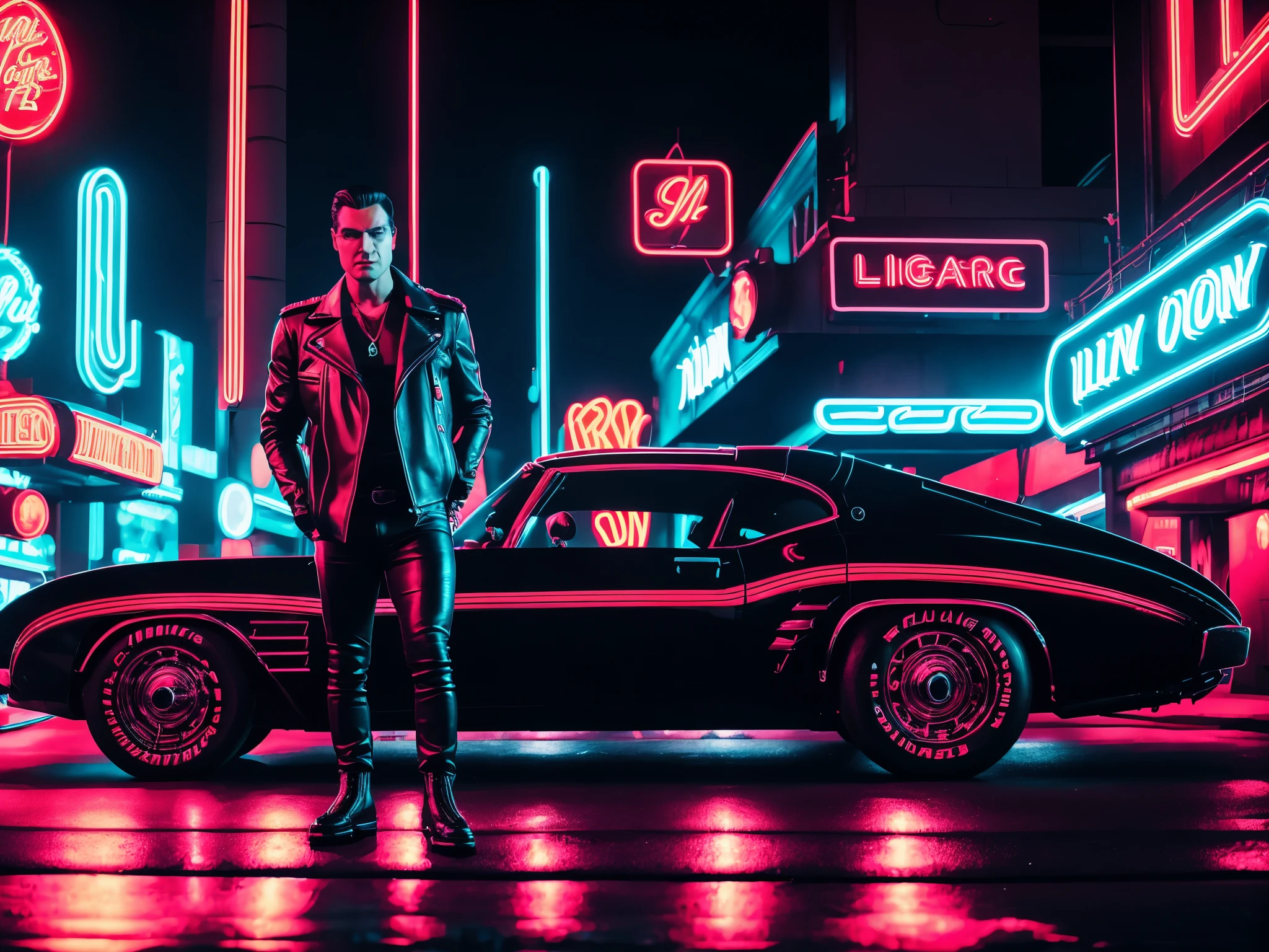 a man with slicked-back black hair, wearing a black leather jacket, tight jeans, and black boots, standing in front of a neon-lit retro-futuristic cityscape, with a sleek, neon-accented vintage car in the background, cinematic lighting, highly detailed, photorealistic