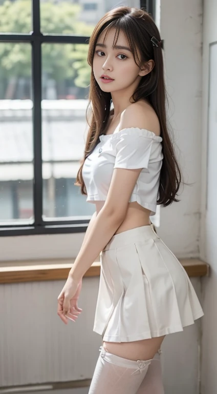 masutepiece, Best quality, One girl, (a beauty girl, kawaii:1.3), (:1.3), Very fine eye clarity, (Symmetrical eyes:1.3), (White off-the-shoulder ultra-thin cropped T-shirt, High socks, White skinny hip skirt,zettai ryouiki:1.2), cropped shoulders, exposing your navel,Medium breasts, Brown eyes, Parted bangs, Brown hair, Petite girl, at class room,Pout your ass