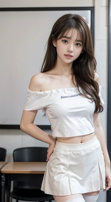 masutepiece, Best quality, One girl, (a beauty girl, kawaii:1.3), (:1.3), Very fine eye clarity, (Symmetrical eyes:1.3), (White off-the-shoulder ultra-thin cropped T-shirt, High socks, White skinny hip skirt,zettai ryouiki:1.2), cropped shoulders, exposing your navel,Medium breasts, Brown eyes, Parted bangs, Brown hair, Petite girl, at class room,Pout your ass