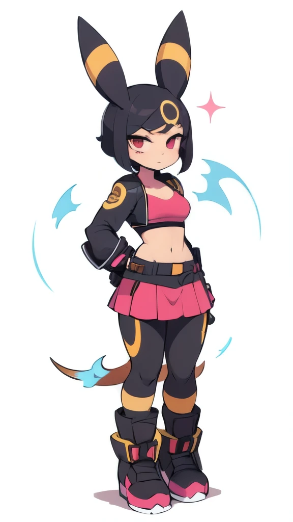 a muscular girl with black hair, umbreon ears, red eyes, wearing a black leather jacket open over a pink sports bra, black microskirt with leggins minishorts, slim waist, small breasts, pixie cut hairstyle, cinematic lighting, detailed face, highly detailed, photorealistic, 8k, vibrant colors, dynamic pose, Fingerless gloves with metal knuckles 