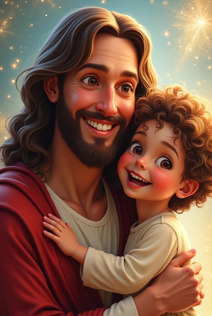 Create an image of Jesus with a white child in his arms and they are in a favela setting 