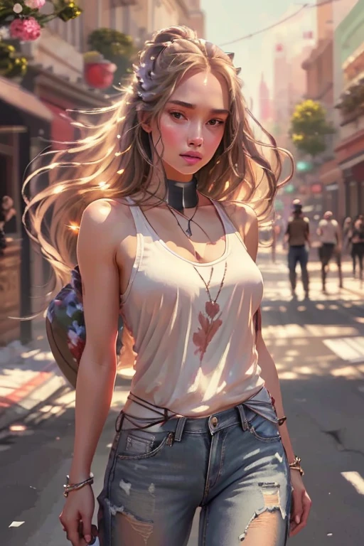 Digital painting, a woman standing on a street, white tank top, jeans shorts, long flowing hair, detailed face, detailed eyes, detailed lips, detailed nose, painting style, brush strokes