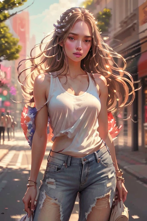 Digital painting, a woman standing on a street, white tank top, jeans shorts, long flowing hair, detailed face, detailed eyes, detailed lips, detailed nose, painting style, brush strokes