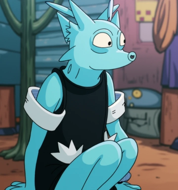score_9,score_8_up,score_7_up, source_furry, Bea Santello from night in the woods, Anthro crocodile, wearing black tank top, black panties, pouting, looking to the side, lounging on a couch, legs spread,