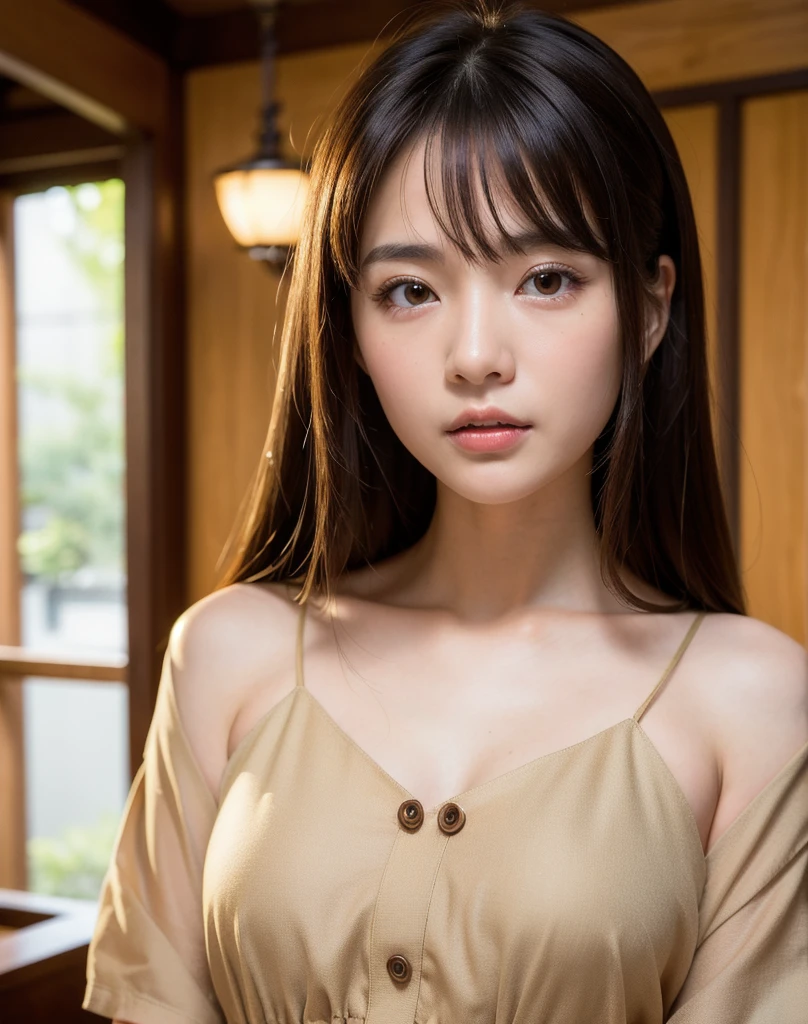 best quality, face focus, soft light, ultra high res, (photorealistic:1.4), RAW photo,
1japanese girl, solo, cute, (pupil, lights in the eyes), detailed beautiful face, (small chest),(high resolution detail of human skin texture),
(long hair),
indoor,
Damask Shirt Dress,
(portrait)