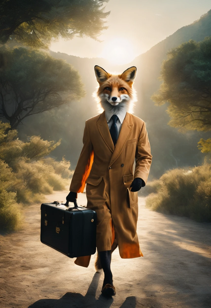 A photorealistic portrait of a fox playing the role of a Zoologist(holding valise:0.6) in a breathtaking moment with a heavenly transition, a luminescent movement in the background, robe lumineuse, light suit, assis derrière le bureau, valise, papers, Lunettes de soleil noires, uhd, detailed and complex, 8k, best quality ever seen, head of&#39;artwork, Super detailed, creativity unleashed, au delà de l&#39;imagination, dramatic light