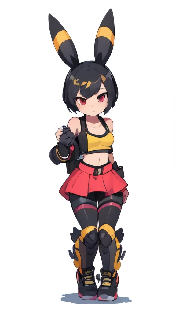 a muscular girl with black hair, umbreon ears, red eyes, wearing a black leather jacket open over a pink sports bra, black microskirt with leggins minishorts, slim waist, small breasts, pixie cut hairstyle, cinematic lighting, detailed face, highly detailed, photorealistic, 8k, vibrant colors, dynamic pose, Fingerless gloves with metal knuckles