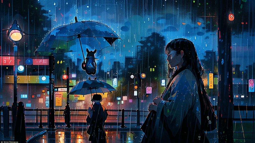 Hyperdetailed regenerative [glitch] art, (koan), matte, understated, (meditative: 1.2), (harmonic) impressionism, cerebral, (interconnected), labyrinth, (introspective), psyche, balanced and reciprocal, rain style, concept: (Totoro holding an umbrella, waiting for a bus in the rainy night)