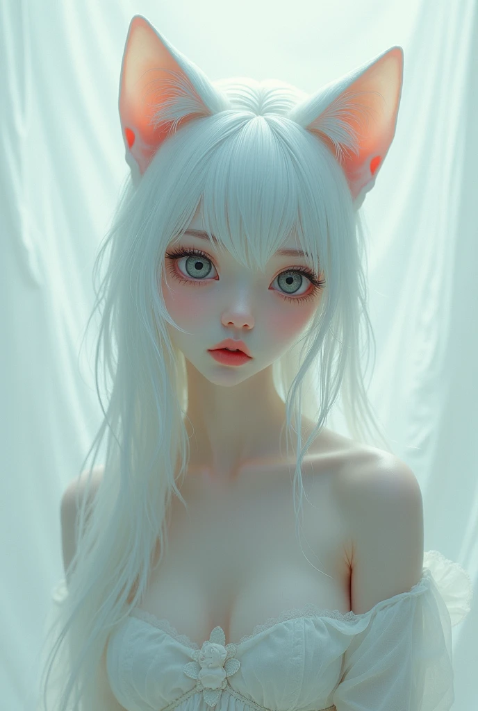 Neko girl with white fluffy cat ears and a tail white hair soft long straight. Dark blue cat like eyes white stripes on tan light body